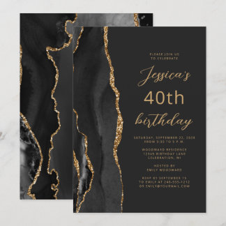 Black Gold Agate Slate Script 40. Geburtstag Einladung