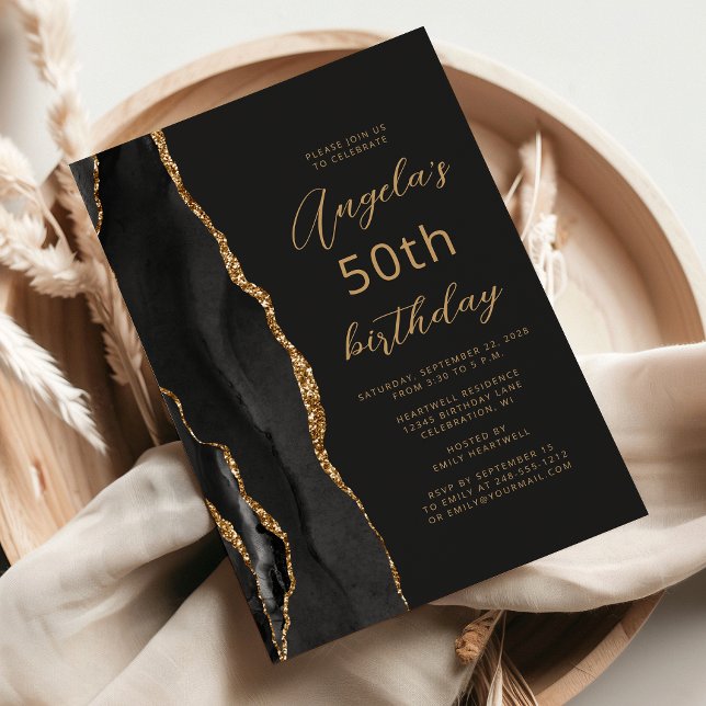Black Gold Agate Slate Script 50. Geburtstag Einladung (Von Creator hochgeladen)