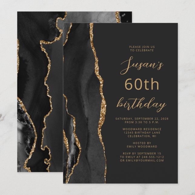 Black Gold Agate Slate Script 60. Geburtstag Einladung (Vorne/Hinten)