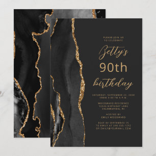 Black Gold Agate Slate Script 90. Geburtstag Einladung