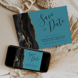 Black Gold Agate Turquoise Save the Date Card Einladung