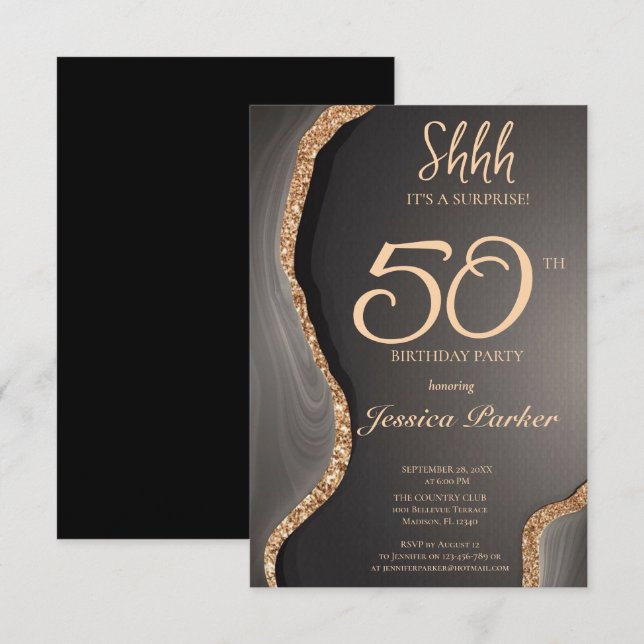 Black Gold Agate Überraschung 50. Geburtstag Einladung (Vorne/Hinten)