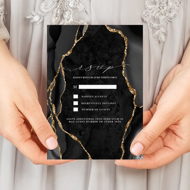 Black & Gold Agate Wedding RSVP Einladung (Von Creator hochgeladen)