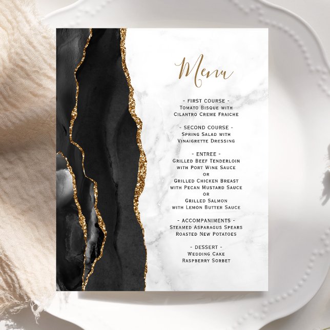 Black Gold Agate White Marble Wedding Menü (Von Creator hochgeladen)
