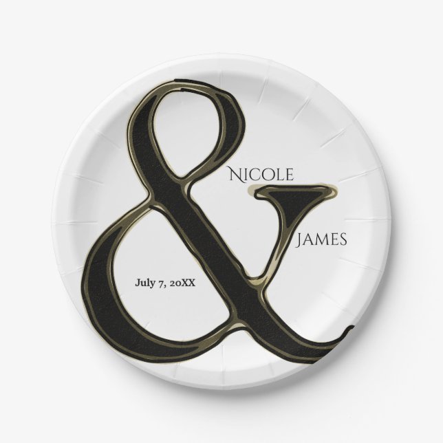 Black & Gold Ampersand Chic Hochzeitsempfang Pappteller (Vorderseite)