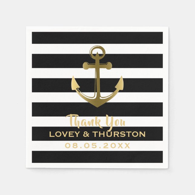 Black Gold Anchor Nautical Wedding Vielen Dank Serviette (Vorderseite)