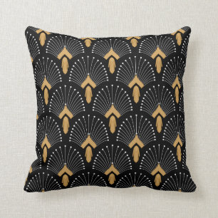 Black, Gold and White Art Deco Fan Flowers Motiv Kissen
