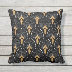 Black, Gold and White Art Deco Fan Flowers Motiv Kissen