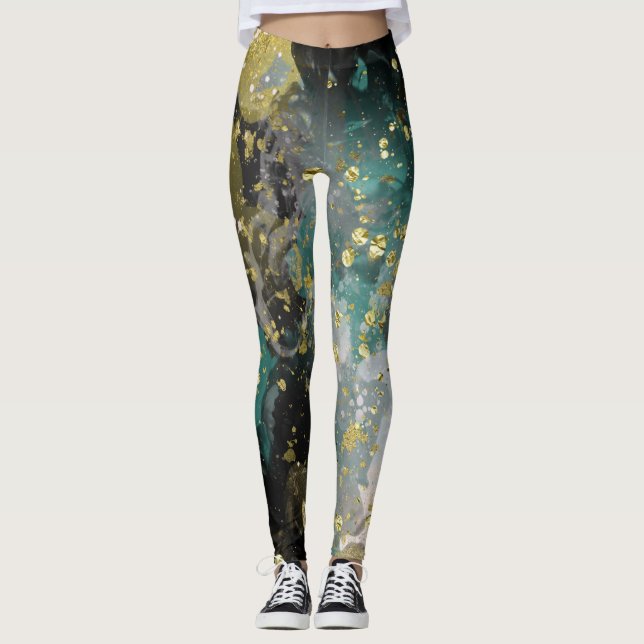 Black Gold Aquamarin Green Grunge Spritzer Mode Leggings (Vorderseite)