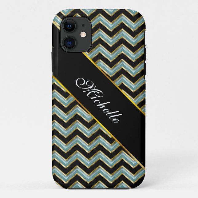 Black Gold Aquamarin ZigZag Case-Mate iPhone Hülle (Rückseite)