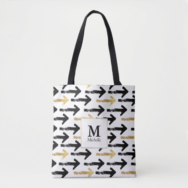 Black & Gold Arrow Monogram Totbeutel (Vorderseite)