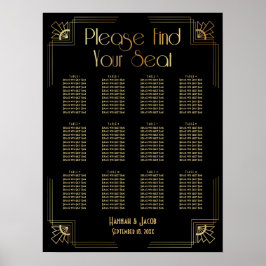 Black & Gold Art Deco 12 Tables Sitzkarte Poster