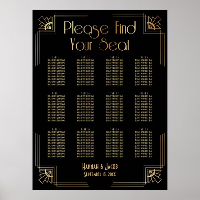 Black & Gold Art Deco 12 Tables Sitzkarte Poster (Vorne)