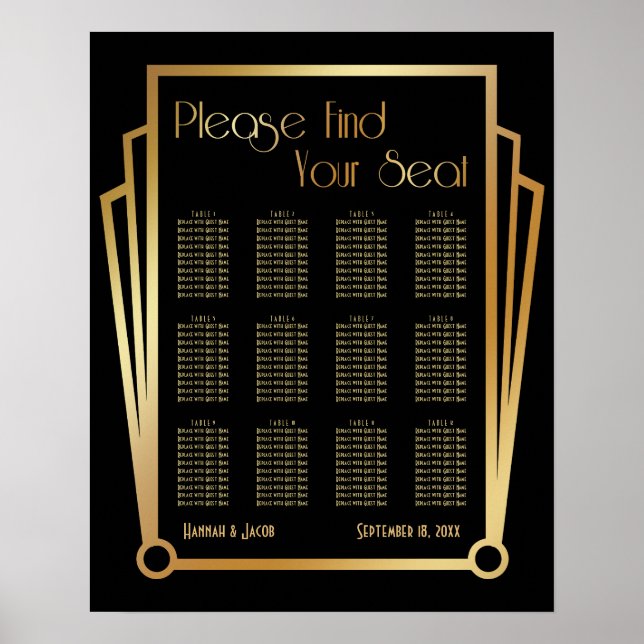 Black & Gold Art Deco 12 Tables Sitzkarte Poster (Vorne)