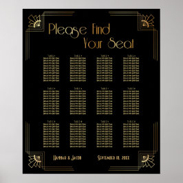 Black & Gold Art Deco 12 Tables Sitzkarte Poster