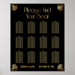 Black & Gold Art Deco 12 Tables Sitzkarte Poster