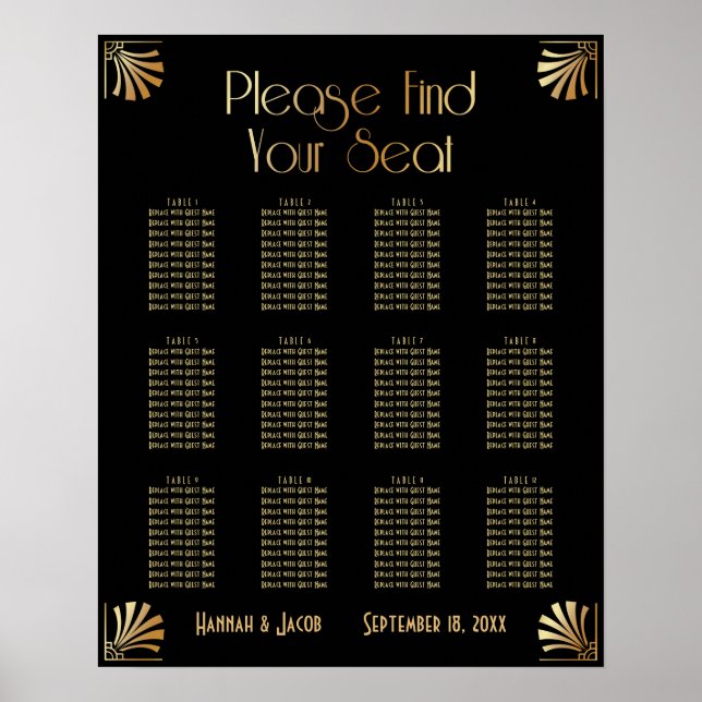 Black & Gold Art Deco 12 Tables Sitzkarte Poster (Vorne)