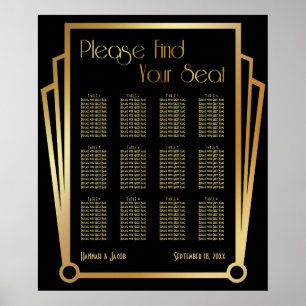 Black & Gold Art Deco 12 Tables Sitzkarte Poster