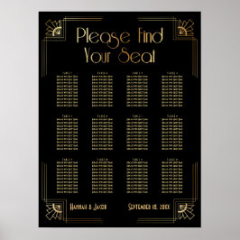 Black & Gold Art Deco 12 Tables Sitzkarte Poster