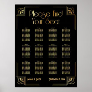 Black & Gold Art Deco 12 Tables Sitzkarte Poster