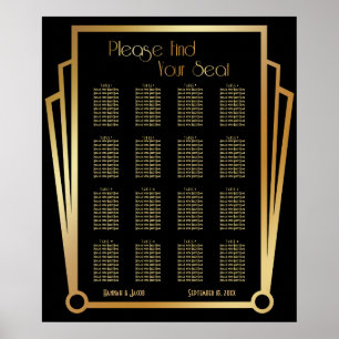 Black & Gold Art Deco 16 Tables Sitzkarte Poster