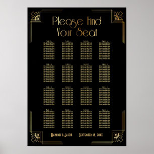 Black & Gold Art Deco 16 Tables Sitzkarte Poster