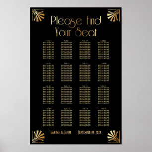 Black & Gold Art Deco 16 Tables Sitzkarte Poster