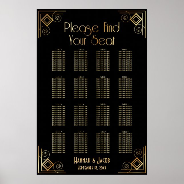 Black & Gold Art Deco 16 Tables Sitzkarte Poster (Vorne)