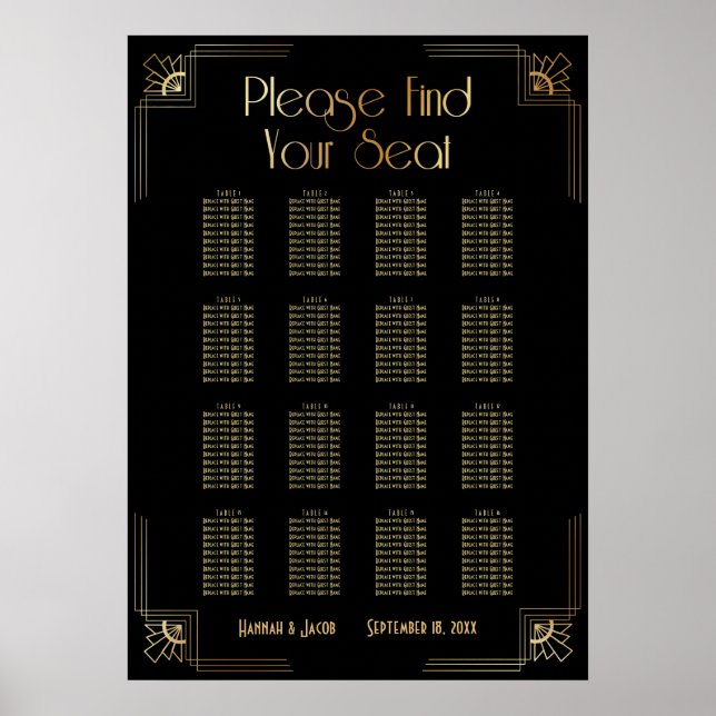 Black & Gold Art Deco 16 Tables Sitzkarte Poster (Vorne)