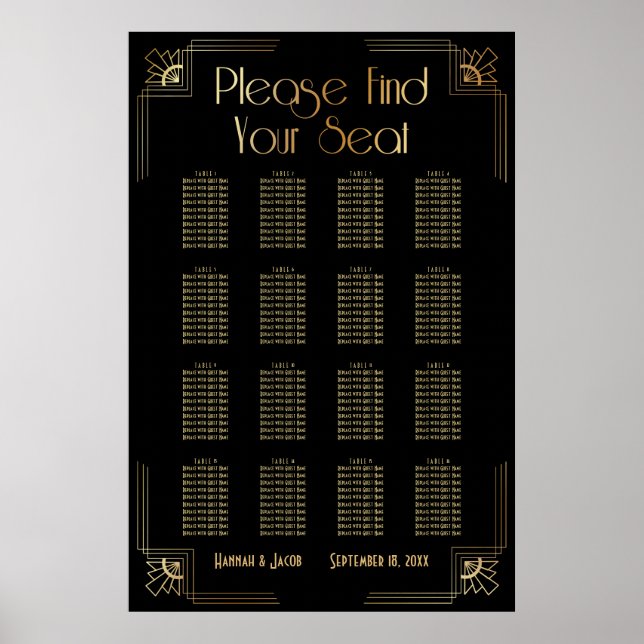 Black & Gold Art Deco 16 Tables Sitzkarte Poster (Vorne)