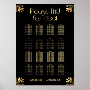 Black & Gold Art Deco 16 Tables Sitzkarte Poster