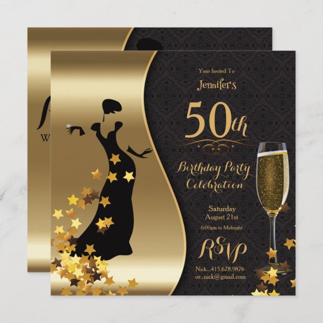 Black & Gold Art Deco 50. Geburtstag Einladung (Vorne/Hinten)