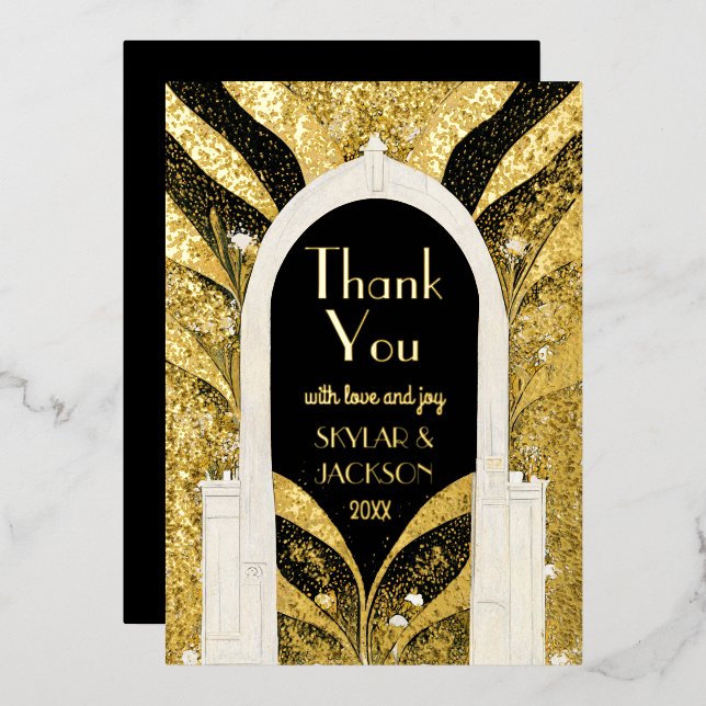 Black & Gold Art Deco Archway Wedding Vielen Dank Folieneinladung (Vorderseite/Rückseite)