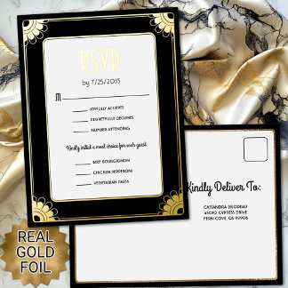 Black Gold Art Deco Blume Hochzeit RSVP Antwort Folie Einladungspostkarte