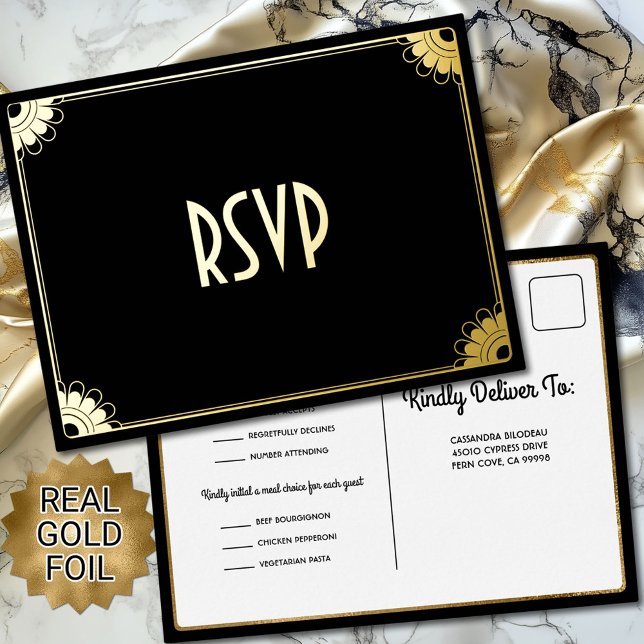 Black Gold Art Deco Chic florale Hochzeit RSVP Ant Folie Einladungspostkarte (Elegant black and gold art deco RSVP postcard with three meal choices and real gold foil on front)