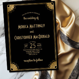 Black Gold Art Deco Einfache Vintage Blumenhochzei Einladung