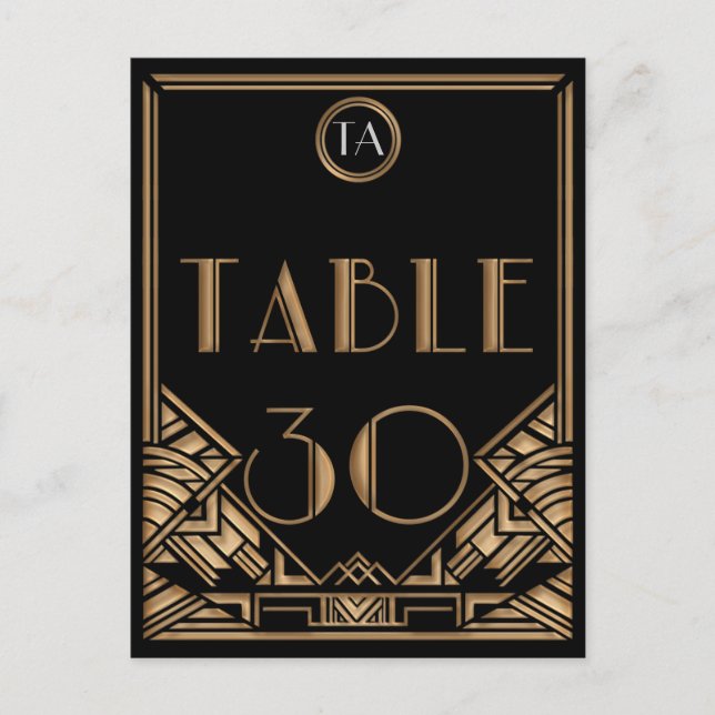 Black Gold Art Deco Gatsby Style Tischnummer 30 (Vorderseite)