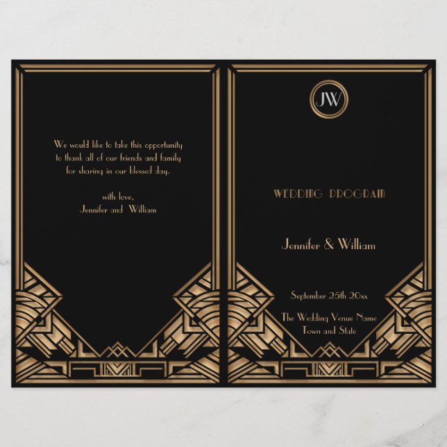 Black Gold Art Deco Gatsby Style Wedding Programm (Vorderseite)