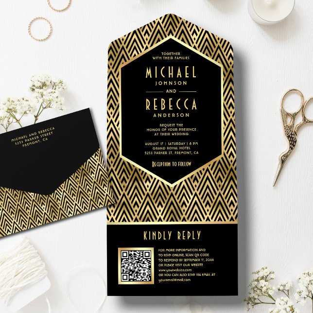 Black Gold Art Deco Geometric QR Code Hochzeit All In One Einladung (Von Creator hochgeladen)