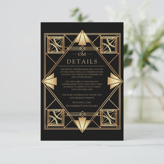 Black & Gold Art Deco Geometric Wedding  Begleitkarte (Stehend Vorderseite)