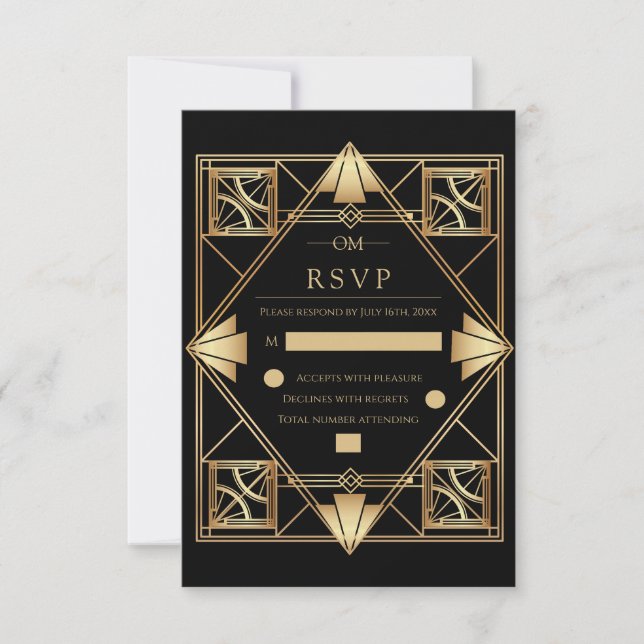 Black & Gold Art Deco Geometric Wedding  RSVP Karte (Vorderseite)