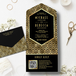 Black Gold Art Deco Geometrischer QR-Code Hochzeit All In One Einladung