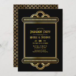 Black & Gold Art Deco Gold Engagement Party Photo Einladung