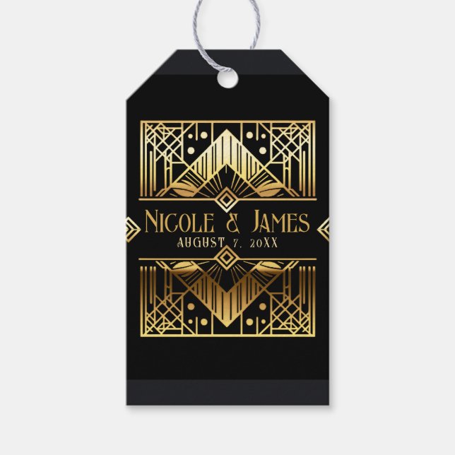 Black & Gold Art Deco Hochzeit Geschenkanhänger (Vorderseite)