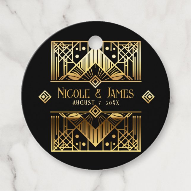 Black & Gold Art Deco Hochzeit Geschenkanhänger (Vorderseite)