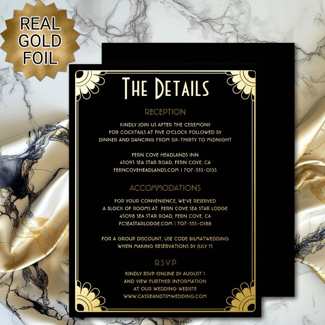 Black Gold Art Deco Hochzeitskarte Folie Einladungspostkarte (Vintage black and gold art deco retro floral wedding details enclosure card with real gold foil)