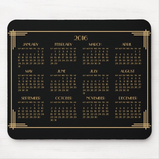 Black Gold Art Deco Kalender 2016 Mouse Pad Mousepad (Vorne)