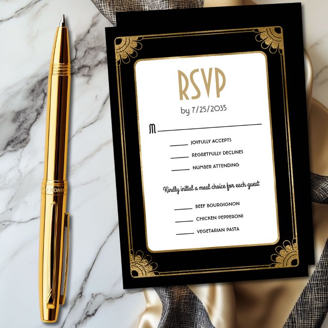 Black Gold Art Deco Meetingoptionen Hochzeit RSVP Begleitkarte (Chic black and gold art deco wedding RSVP enclosure card with three meal choices)