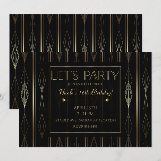 Black & Gold Art Deco Party Geburtstag Einladung (Vorne/Hinten)