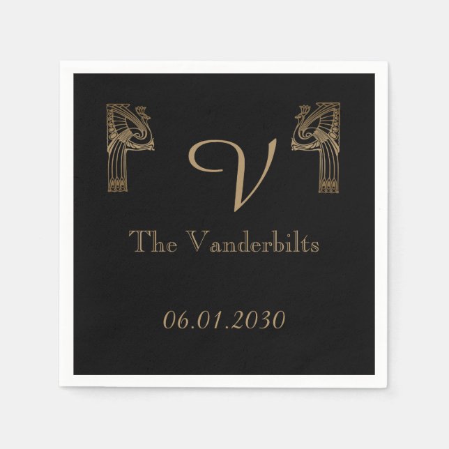 Black Gold Art Deco Pfauenhochzeit Serviette (Vorderseite)